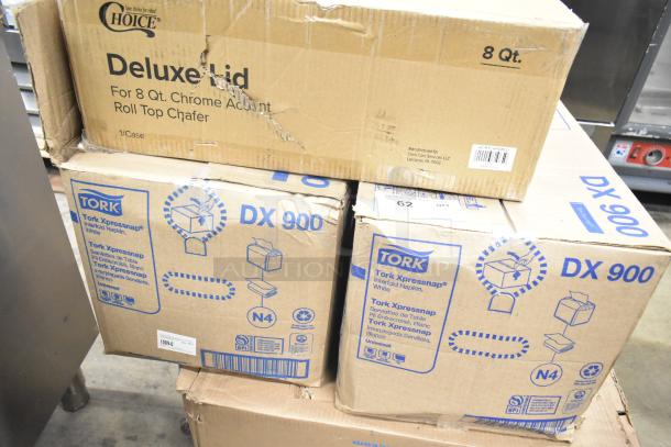 Four-item lot: Choice Deluxe Lid for 8 Qt Chrome Chafer, Tork DX900 Napkins (2 boxes), Zurn Z1996-24 Grey Mop Basin.