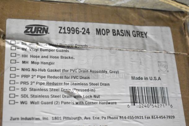Zurn Z1996-24 Mop Basin in grey with various installation components listed on the box; made in the USA.