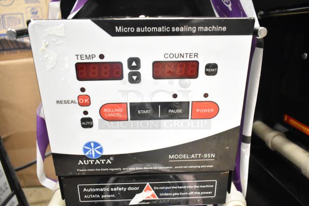 Autata ATT-95N automatic cup sealing machine, 115V, 1 Phase, digital display, control panel with power and reseal buttons.
