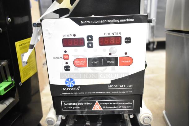 Autata ATT-95N automatic plastic cup sealing machine, 115V, 1 phase. Features digital display and safety warnings.