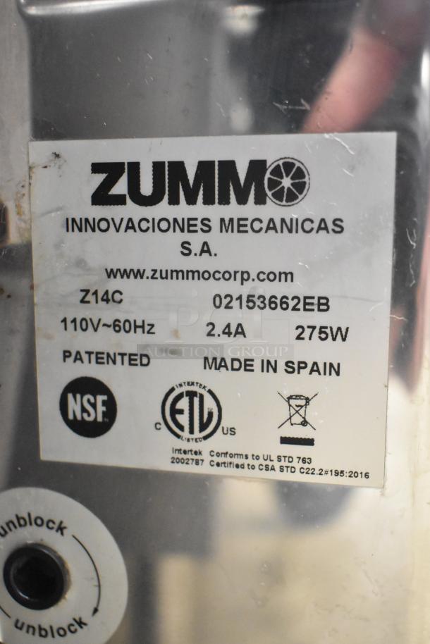 Zummo Z14C Commercial Citrus Juicer label showing model, 110V, 1 phase, patented, made in Spain, NSF and ETL certified.