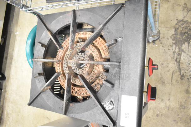 Motak Commercial Countertop Gas Stock Pot Range, single burner, metal construction, visible wear, dual red control knobs.