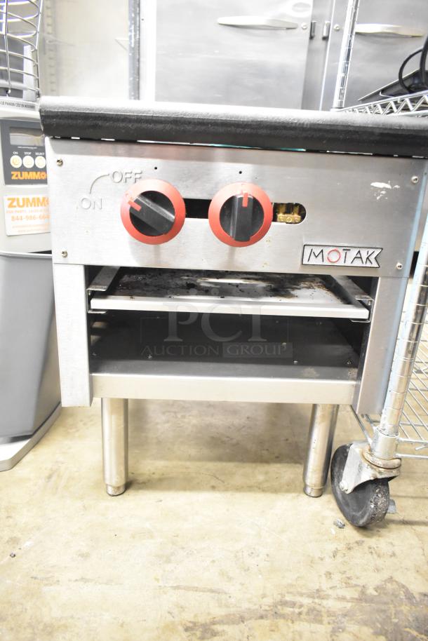 Motak Commercial Countertop Gas Single Burner Stock Pot Range with two control knobs, stainless steel finish, used condition.