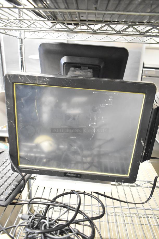 Ten assorted items, including two cash drawers and five Benseron POS monitors. Monitors show wear with visible scratches. Cables included.