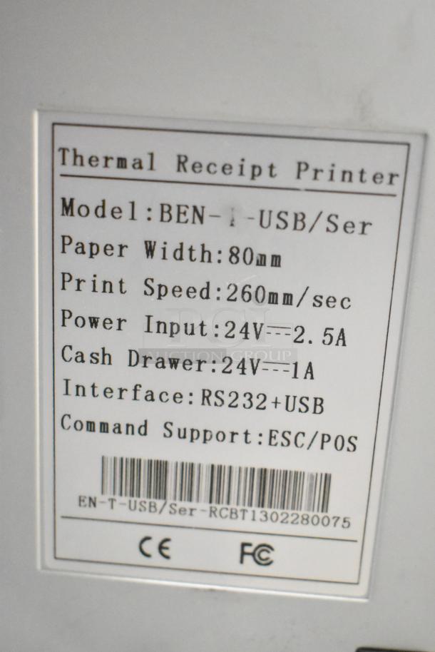 Label on thermal receipt printer, model BEN-1-USB/Ser. Details: paper width 80mm, print speed 260mm/sec, RS232+USB interface.