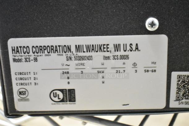 Hatco 3CS-9B commercial sanitizing sink heater, 208V, 3-phase. Model details: 9kW, serial no. 5032682433, NSF and UL certified.