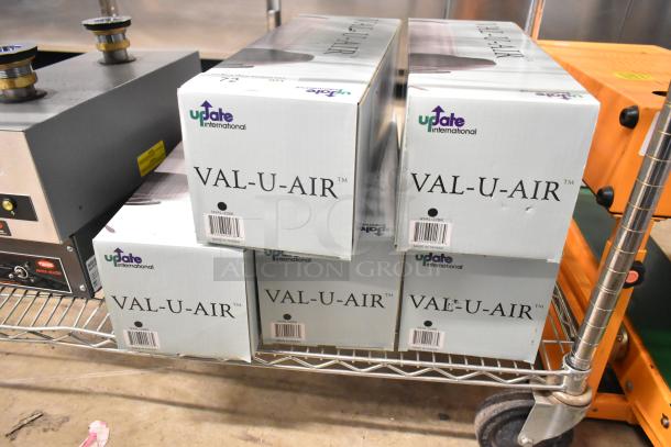Five new Update Val-u-air NVAL-22BK Air Pots in boxes on a metal shelf, marked "Made in Taiwan."