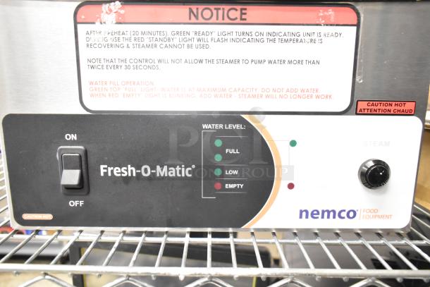 2023 Nemco 6625B Fresh-O-Matic Rethermalizer, countertop model, 120 Volts, with water level indicators and caution labels.