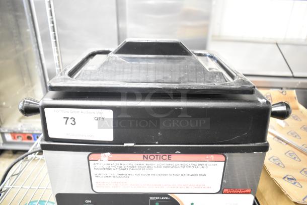 Nemco 6625B Fresh-O-Matic rethermalizer and steamer, 2023 model, black, 120V, with control panel and safety labels, used condition.