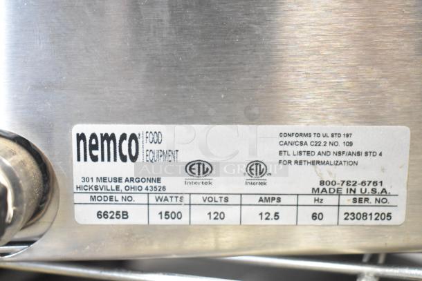 2023 Nemco 6625B Fresh-O-Matic Countertop Rethermalizer label. Model 6625B, 120V, 1500W, ETL listed. Made in USA.