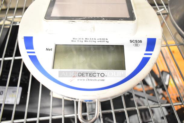 Detecto SCS30 hanging scale, 30 lb capacity, white with blue accents, clear display, visible branding and model details.