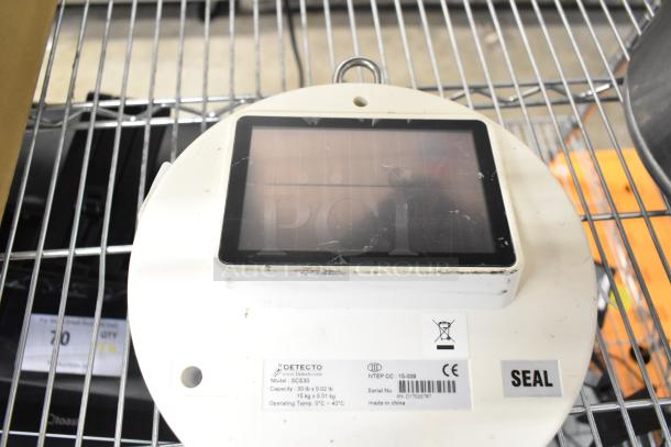 Detecto SCS30 hanging scale, 30 lb capacity, white with digital display, model label showing specs and condition as used.