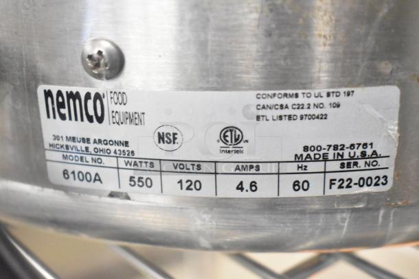 2022 Nemco 6100A 7 Qt. Countertop Warmer, 120V, 1 Phase. Label shows model, wattage, voltage, amps, and serial number. Made in USA.
