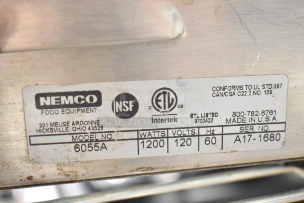 2017 Nemco 6055A countertop food warmer, 120 volts, 1 phase. Label shows NSF, UL, and ETL listings. Made in USA.