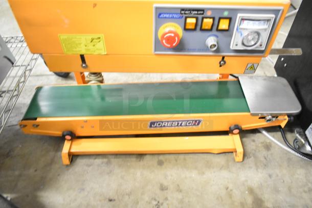Jorestech CBS-630 countertop band sealer, 110V, 1 phase. Features control panel, branded logo, and emergency stop button.
