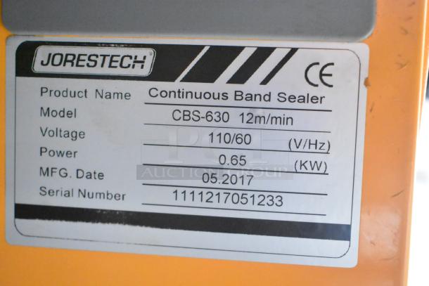 Jorestech CBS-630 Countertop Band Sealer, 110V, 1 Phase, model label showing specs: 0.65 KW, MFG 05.2017. Serial 1111217051233.