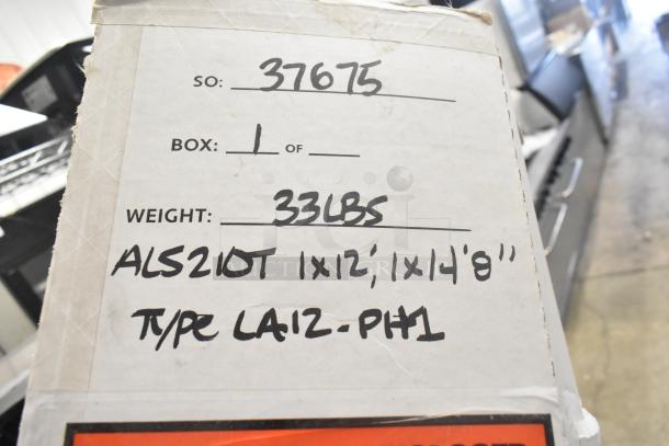 Box label for California Accent Lighting ALS210T Luminaire, 33 lbs. New, scratch and dent, SO: 37675, dimensions noted.
