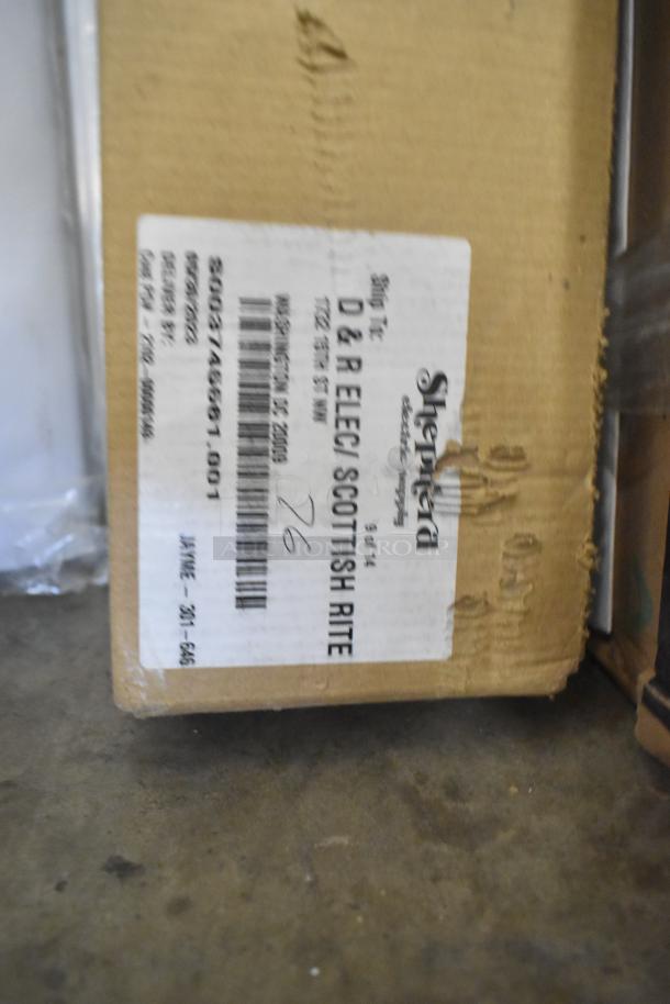 Cardboard box labeled "Shepherd Electric" with visible wear; may contain Alphalite Infinity LED Linear Strip, scratch and dent condition.