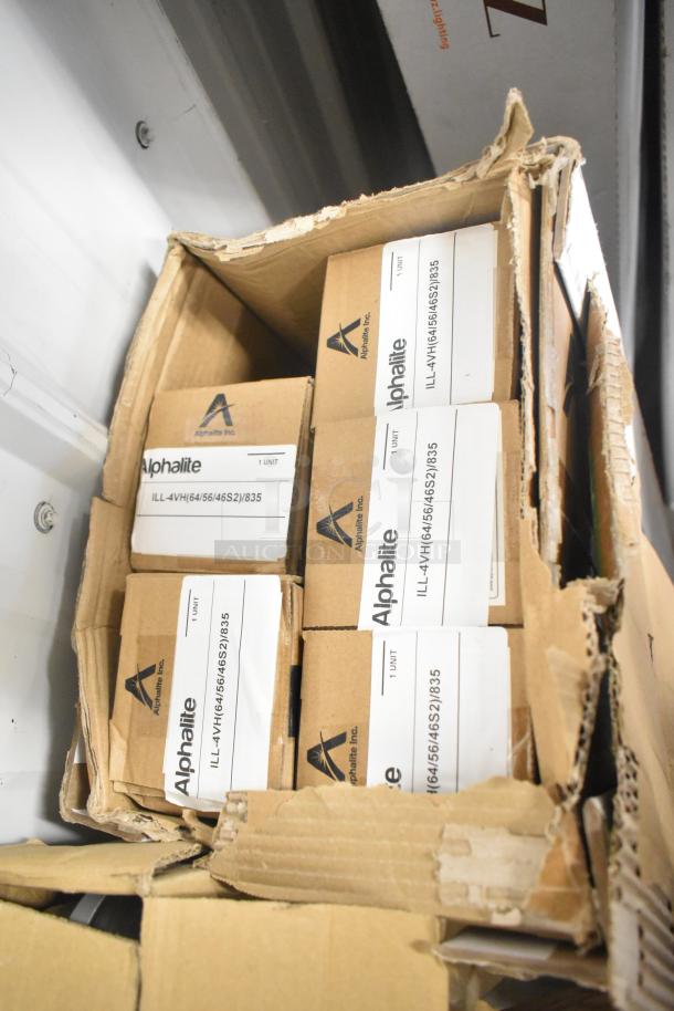 7 new Alphalite Infinity LED Linear Strip boxes, marked as scratch and dent. Model: ILL-4VH(64/56/46S2)/835.