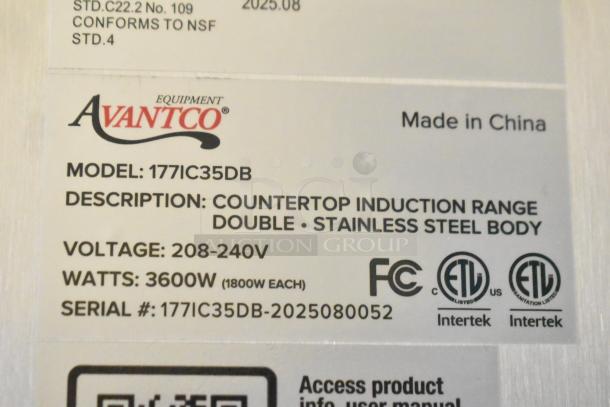 Avantco 177IC35DB double countertop induction range, stainless steel, 208-240V, 3600W, model details visible, new with scratches.