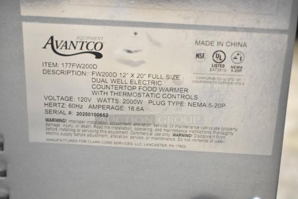 "Avantco 177FW200D food warmer label showing specs: 12x20 in, dual well, 120V, 2000W, NEMA 5-20P, NSF/UL certified."