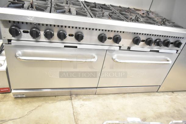 Mainstreet 541E60N commercial gas range with 10 burners, 2 ovens, over shelf, and backsplash, in stainless steel.