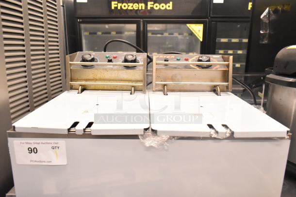 VH1118 countertop electric 2-bay fryer with lids, 110V, 1 phase. Features dual controls. Visible surface stains.