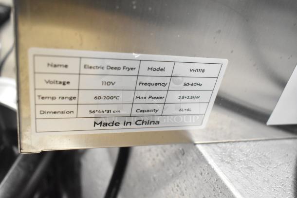 VH1118 Countertop Electric Fryer, 2 bays, 2 lids, 110V, 6L+6L capacity, temp 60-200°C, 56x44x31 cm, Made in China.