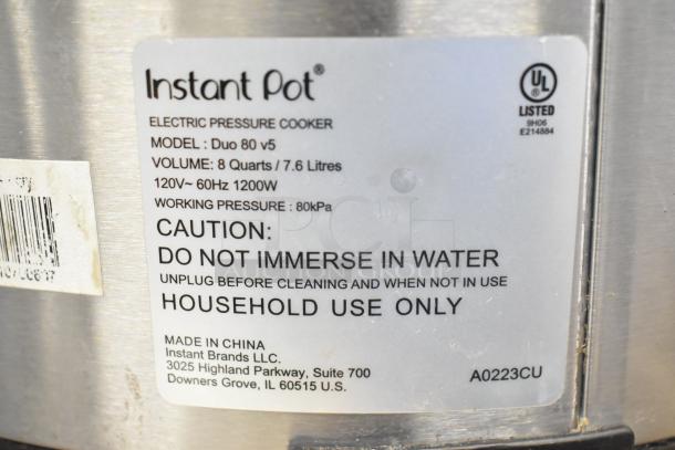 Instant Pot Duo 80 v5, 8-quart, 120V, 1200W electric pressure cooker. Label reads: Do not immerse in water. Made in China.