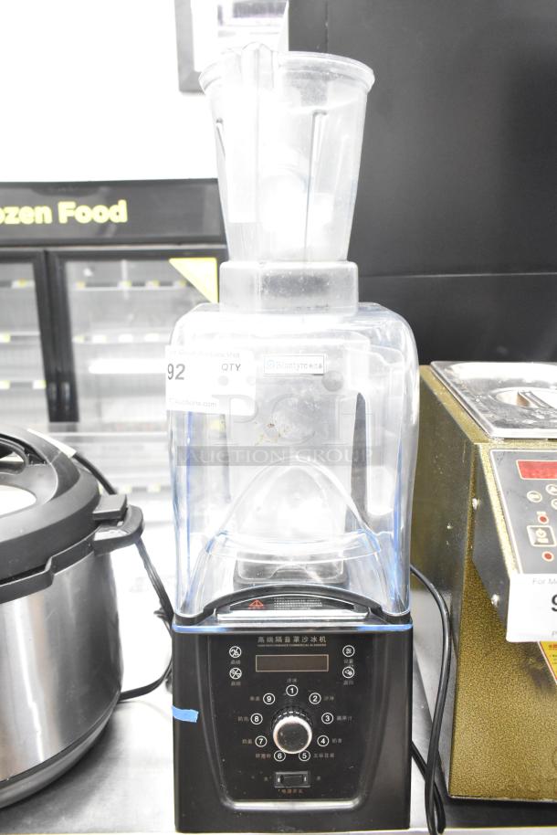 Blantyre Q8 Countertop Blender with sound enclosure, 2 pitchers. Features 220 volts, 1 phase power. Appears in good condition.