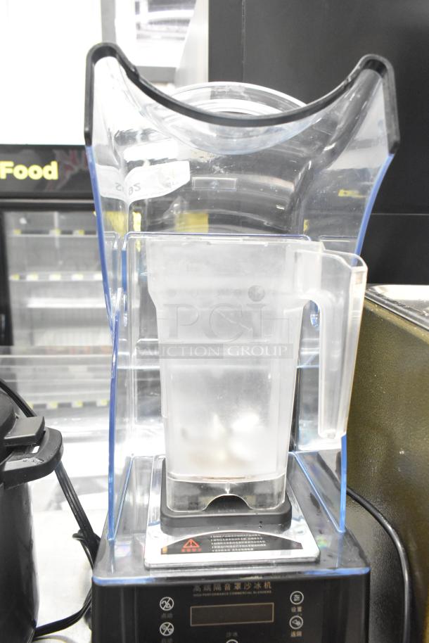 Blantyre Q8 countertop blender with sound enclosure and pitcher, 220V, 1 phase, in used condition. Model Q8 visible on base.