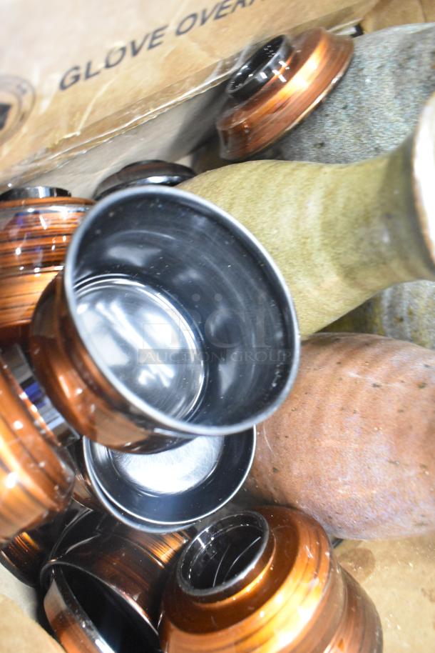 Lot of various items including brown ceramic bowls, a green vase, and poly trays, in used condition. Box marked "Glove Oversize."