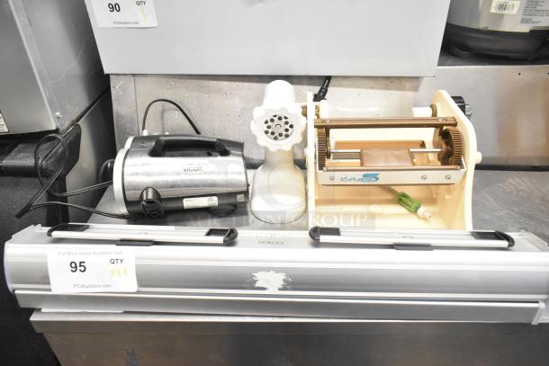 4-item lot: Antree meat grinder attachment, Aicok HM833 hand blender, pasta maker, and food sealer. Good condition, auction quantity x4.