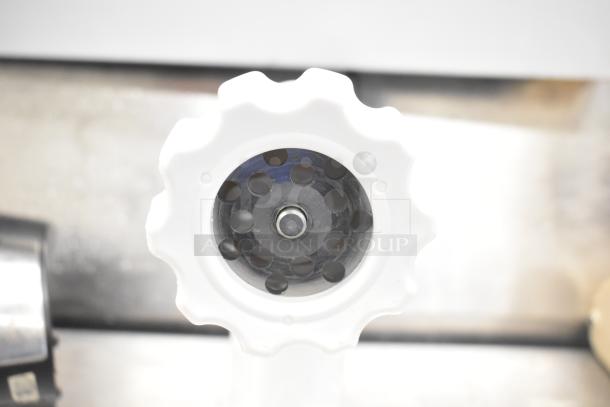 Antree meat grinder attachment close-up, white and metal finish, part of auction with various items including Aicok blender.