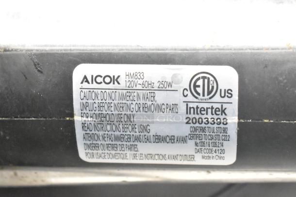 Label on Aicok HM833 Hand Blender: 120V, 60Hz, 250W. Caution: Do not immerse in water. Certified by Intertek. Made in China.