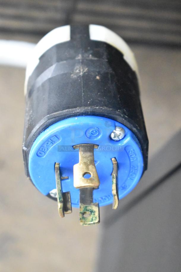 2022 Desmon GBF-15+ETL blast chiller power plug. Blue and black, 30A 250V marking visible. 220V, 3 phase.