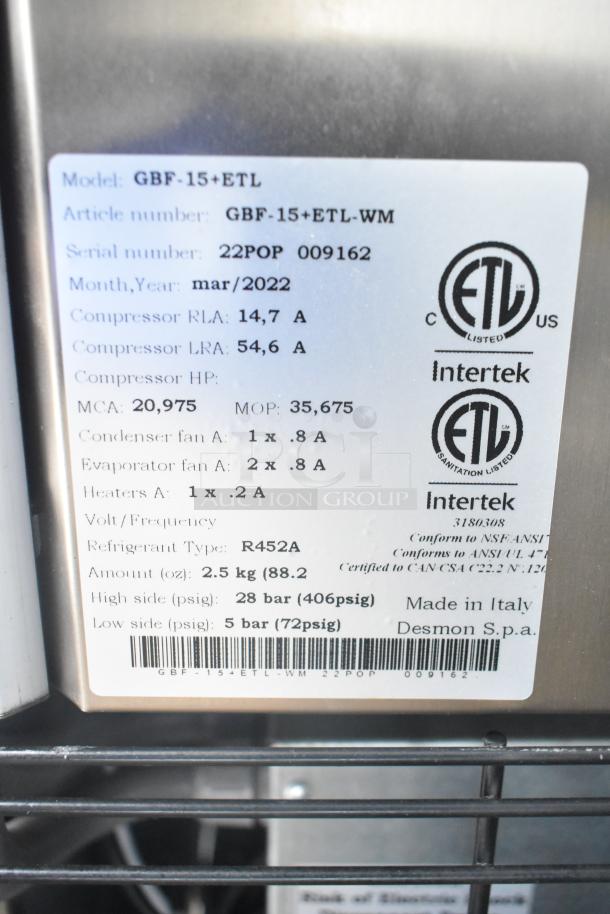 2022 Desmon GBF-15+ETL Stainless Steel Commercial Blast Chiller, 220V, 3 Phase, 4 Probes, ETL Certified, Model GBF-15+ETL, Made in Italy.