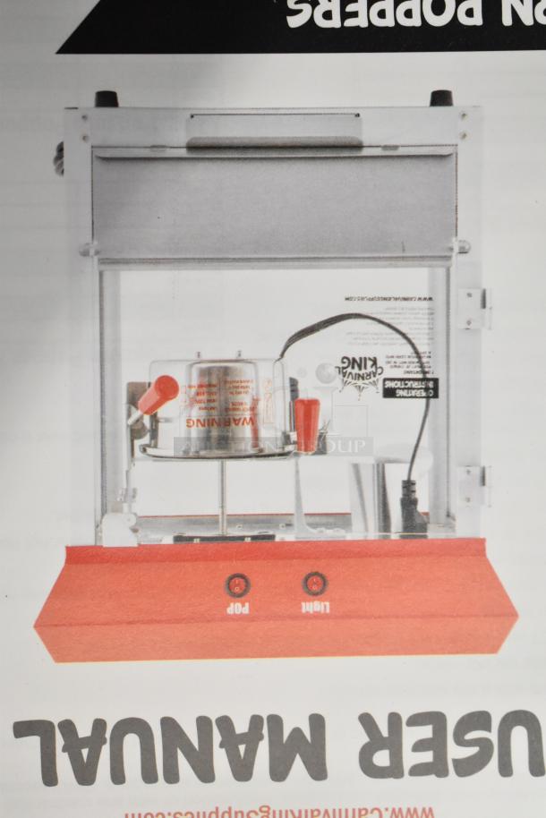 Brand new Carnival King 382PM850 popcorn machine, 8 oz capacity, commercial grade. Features 120V, 1 Phase. Minor scratches.