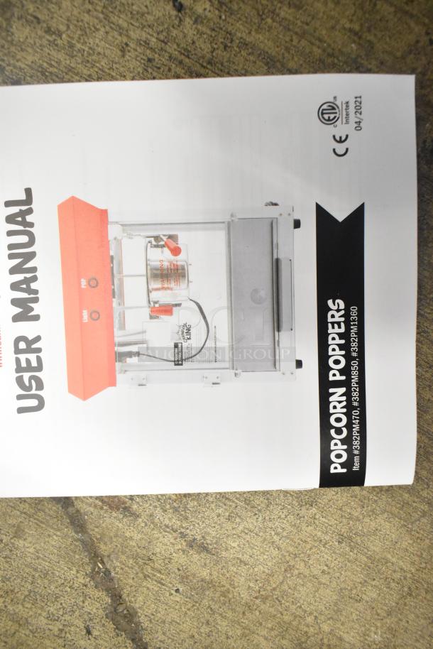 User manual for Carnival King 382PM850 8 oz. commercial popcorn popper. Includes model details and certification logos.