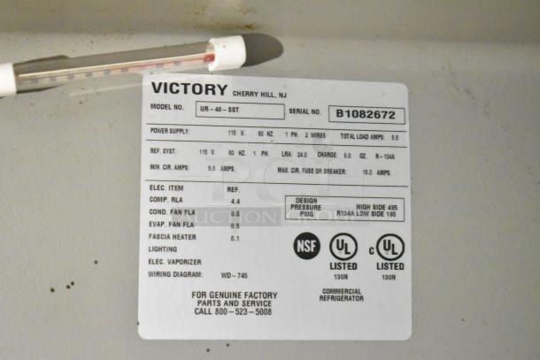 Victory UR-48-SST Commercial 2 Door Undercounter Cooler, 115 Volts, 1 Phase, Serial B1082672, UL and NSF certified.