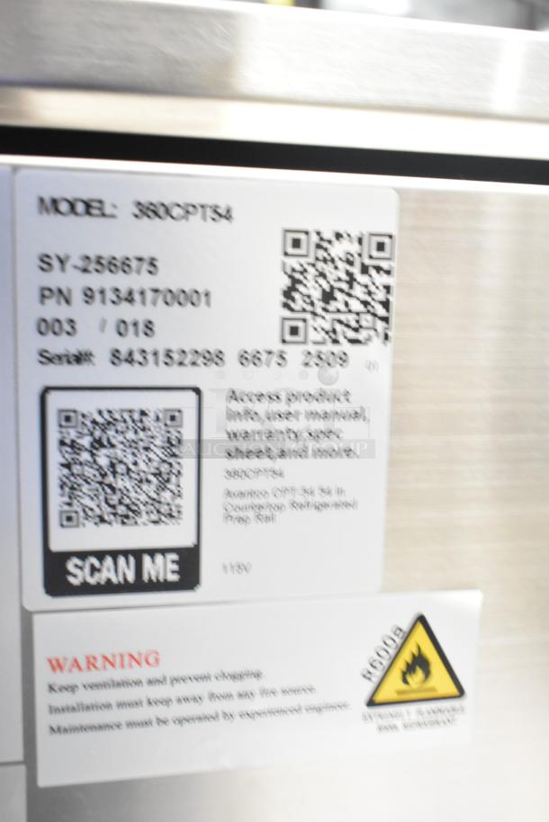 2025 Avantco 360CPT54 Commercial Refrigerated Rail label. Shows model number, serial number, and QR code for info.