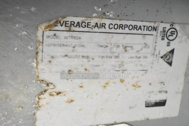 Beverage Air WTR60A cooler label, showing model, refrigerant type, pressure specs, and UL certification. Worn condition.