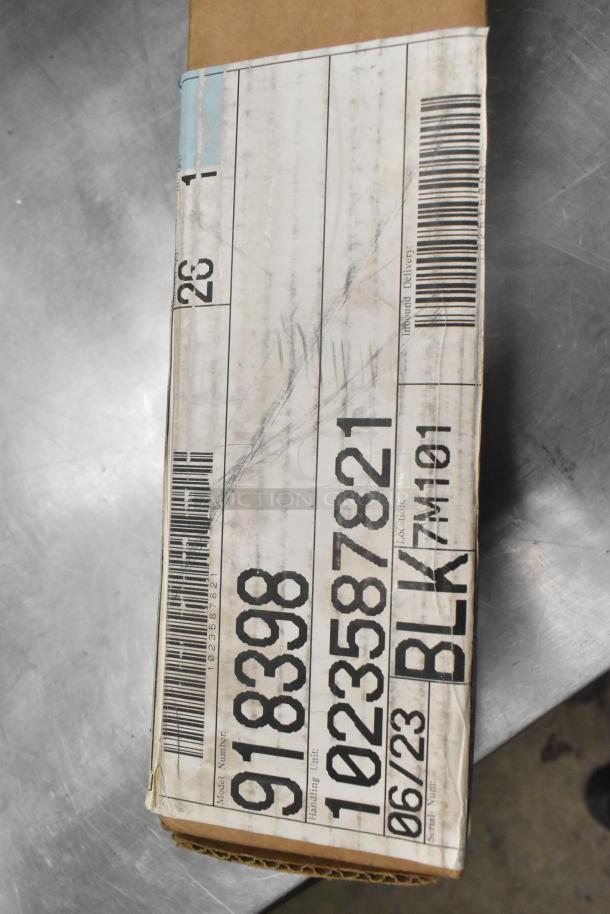 Box labeled with model number 918398, containing cabinet bracket hinge sets. Packaging shows shipping details.