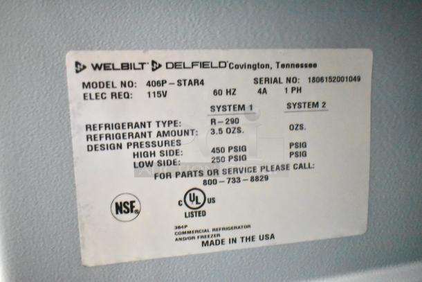 2018 Delfield 406P-STAR4 undercounter cooler label, 115V, R-290 refrigerant, NSF and UL listed, made in USA.