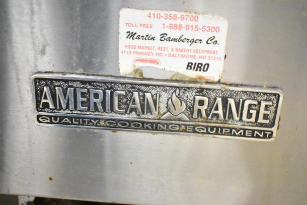 American Range commercial gas range nameplate, showing logo and contact label. Quality cooking equipment.