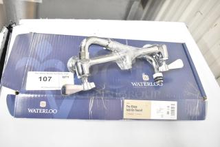 BRAND NEW SCRATCH AND DENT! Waterloo 750AF14 14" pre-rinse add-on faucet, chrome finish, in original packaging, slight box wear.