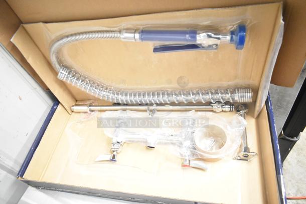 Brand new Waterloo 750PRD8X deck-mounted pre-rinse faucet, 1.15 GPM, 8" centers, in box, with slight scratch and dent.