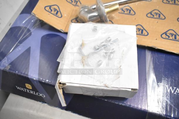 BRAND NEW Waterloo 750PRD8X 1.15 GPM deck-mounted pre-rinse faucet with 8" centers, scratch and dent, in original packaging.