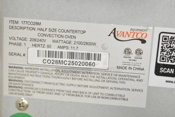 Label on Avantco 177CO28M convection oven shows model, voltage, wattage, and warnings. Made in China. Serial: CO28MC25020060.