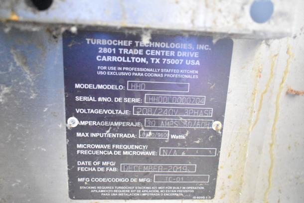 Turbochef HHD Commercial Oven label showing model, serial number, 208/240V, 3 phase, 30 amps, made Dec 2019.